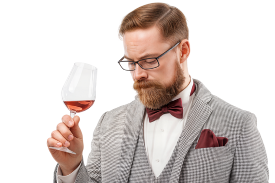 Bearded man in a suit examines a glass of rose wine