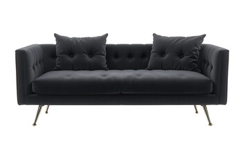 Fototapeta premium Minimalist contemporary sofa in soft black velvet, plush cushions, elegant steel legs, isolated on transparent background.