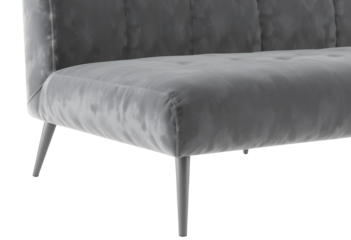 Grey velvet sofa with soft texture, slim metal legs, clean and minimal form, transparent background.