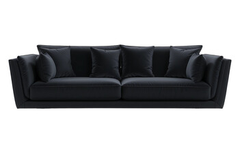 Naklejka premium Chic modern black sofa, soft velvet fabric, brushed steel legs, cushiony comfort, transparent background.