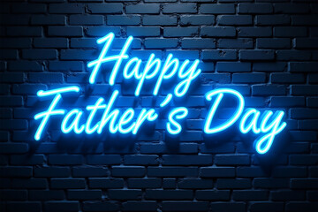 Neon "Happy Father's Day" Sign on Urban Brick Wall – Futuristic Digital Art Poster