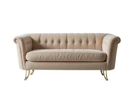 Plush beige velvet sofa with modern design, shiny gold legs, minimal structure, transparent background.