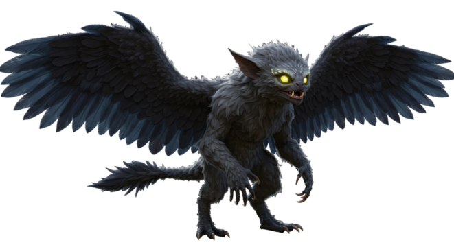 Chupirul on isolated transparent background. Winged Creature with Glowing Eyes in Dark Setting