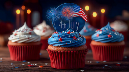 Generated image  American flag on top cupcake topper, blue background with fireworks, for 4th of July