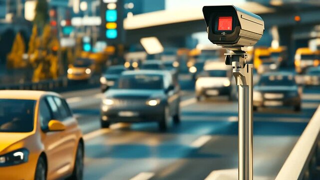 Modern surveillance camera fixed near a toll booth, scanning cars and trucks in real-time, digital road communication network facilitating urban security and traffic control