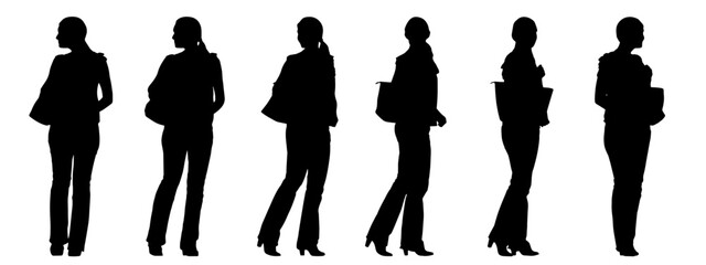 Vector concept conceptual black silhouette of a woman with a handbag from different perspectives isolated on white background. A metaphor for shopping, leisure  and lifestyle