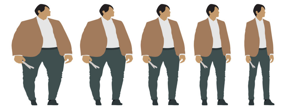 Conceptual fat overweight obese man vs slim fit healthy body after weight loss or diet, white background banner. A  fitness, nutrition or obesity, health care shape illustration vector as silhouettes
