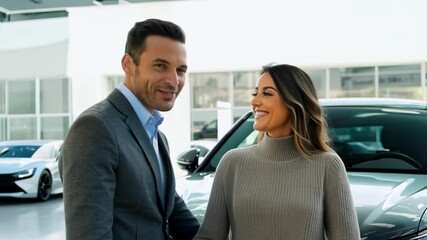 Professional business couple engaged in serious discussion about car purchase at modern automotive dealership. Man in suit and woman in sweater examine vehicles making important buying decision - Powered by Adobe