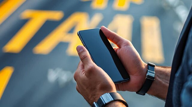 Person Holding Smartphone on Road with Taxi Markings Urban Technology Scene with Watch - Powered by Adobe
