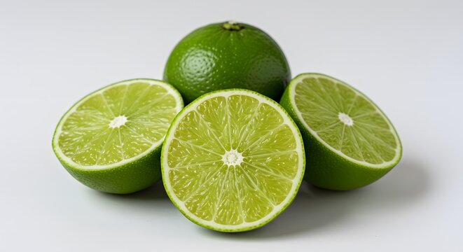 Lemon and halves of Tahiti lemons in a triangular layout on a white background, with soft light and focus on the freshness and texture of the fruit