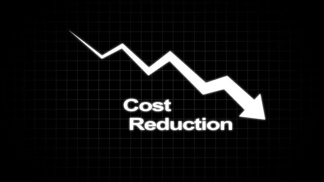 Animated infographic showing a cost reduction with a declining arrow in blue light.