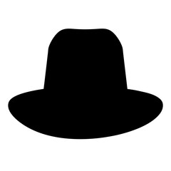 A stark black silhouette of a classic fedora style hat object