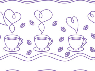 Seamless pattern featuring steaming coffee cups with heart-shaped steam and falling leaves in minimal purple line art. Cozy café-inspired design with a romantic twist.