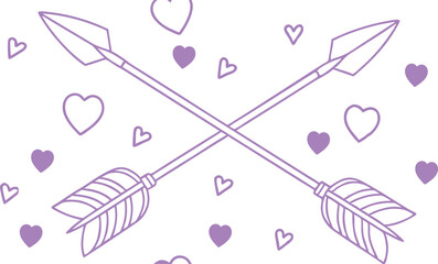 Minimal purple cupid arrows with scattered hearts on white background. Romantic Valentine’s theme illustration perfect for love designs, greeting cards, and wedding decorations. Clean and elegant vect