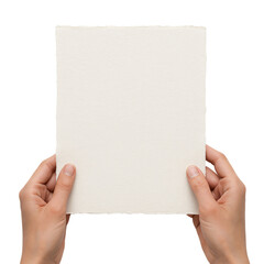 Woman hand holding blank white paper in a high angle view. Empty space for text or image. Template for presentation, invitation card or announcement.