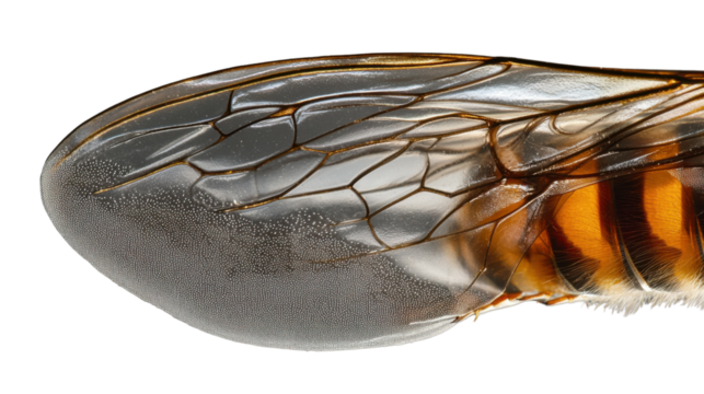 Extreme close up of honey bee wing showing veins and transparent membrane on transparent background