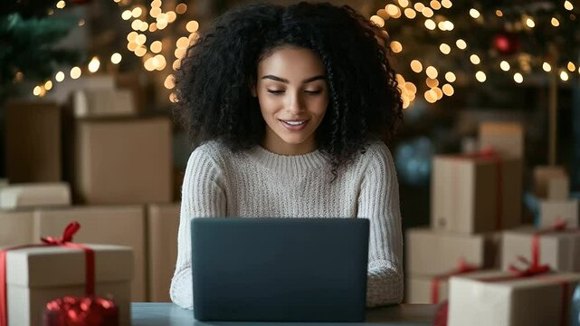 Confident young entrepreneur smiling while working on a laptop in a tidy warehouse, strategically placed boxes around, overseeing the flow of products for her online retail busines