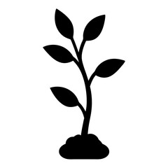 Silhouette of Young Plant with Six Leaves Growing, Black silhouette of a young plant with six leaves sprouting from the stem, rooted in soil, isolated on white background.  © PixelArtBox