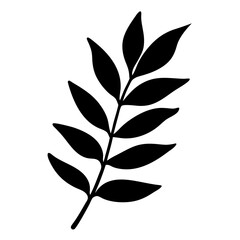 Silhouette of a botanical branch with symmetrically placed leaves on white background