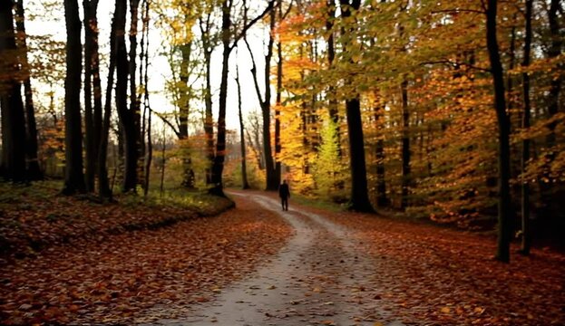 Autumn forest path lonely walker fall leaves