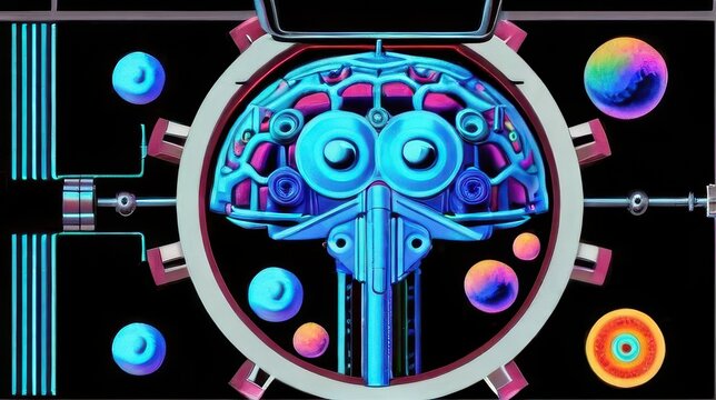 steampunk. Retrofuturistic cybernetic brain as a central unit, exposed gears and pistons, holographic interface with rotating planets, retro sci-fi movie aesthetic.