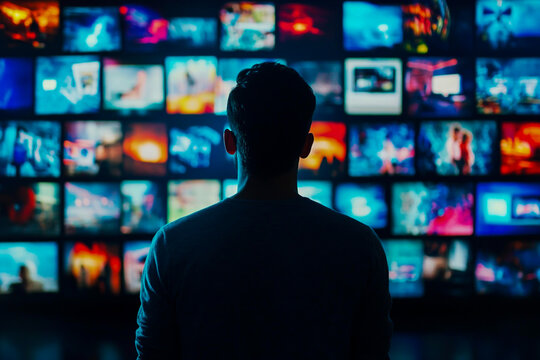 A man confidently stands in front of a futuristic digital screen displaying a variety of media content, including news, videos, and data visualizations.