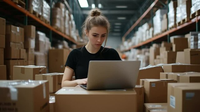 Positive and happy employee working on her laptop in a busy warehouse, managing logistics for an online shopping business, piles of packed boxes around her ready for delivery