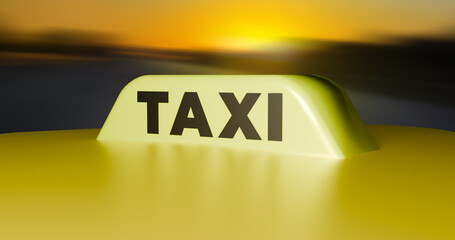 Taxi cab moving very fast during sun set traveling in fast lane