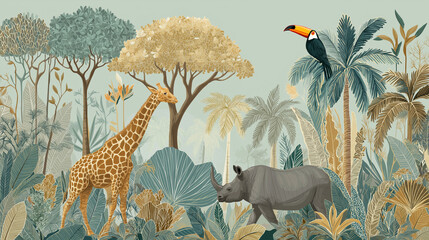 Tropical vintage botanical landscape, giraffe, rhino animal, toucan bird, palm tree, banana tree, plant floral seamless border grey background. Exotic African wallpape