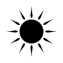 Simple black and white sun illustration shining brightly on a white background