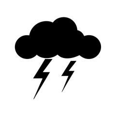 Black cloud with two lightning bolts striking down during a storm