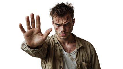 Injured Man Shows Stop Hand Gesture