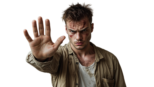 Injured Man Shows Stop Hand Gesture