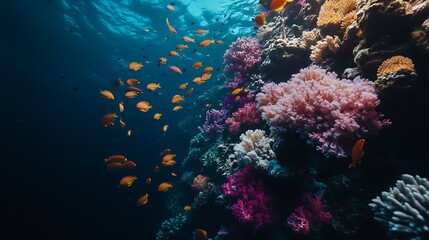 A vibrant coral reef viewed from above, teeming with life