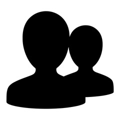 Silhouette of Two Human Figures in Profile, Black silhouette of two people, one slightly behind the other, representing users, team, or social connection on white background.
