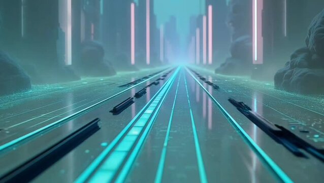 Endless neon highway in futuristic city with glowing blue lines illustration vector style

