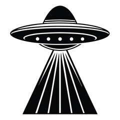 Black and white illustration of a classic ufo flying saucer with beam of light