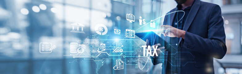 Businessman using tablet analyzing Tax and strategic planning, credits utilization, deferral tactics, compliance management, and cost reduction to drive sustainable growth and financial performance.