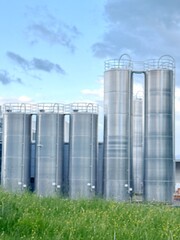 Row of tall silos are lined up in a field © flucas