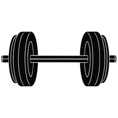 Black and white silhouette of a barbell representing strength fitness and exercise on white background