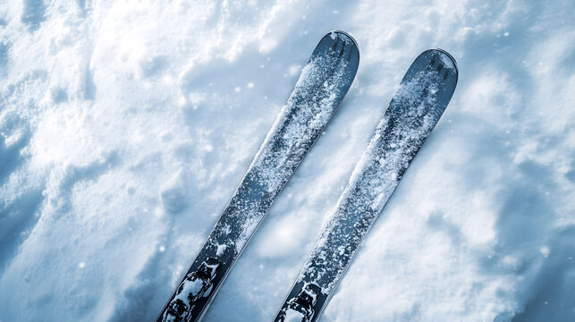 un paisaje de nieve con un par de esqu&iacute;s para deporte de nieve en el frio en la naturaleza deportes de aventura al aire libre