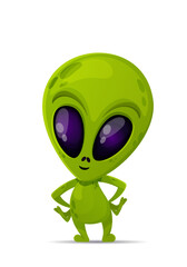 Cute green alien character with big eyes and long fingers. Vector image of a green man.