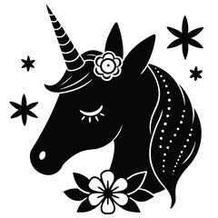 Black and white unicorn head with floral accents and decorative star elements © Silhouette boss 7067