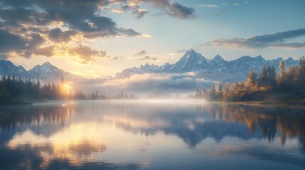 Fototapeta premium Sunrise light over snowy mountains reflection high resolution picture