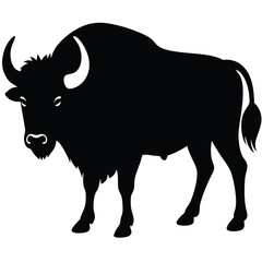 Bold black silhouette of a bison standing isolated on a clean white background
