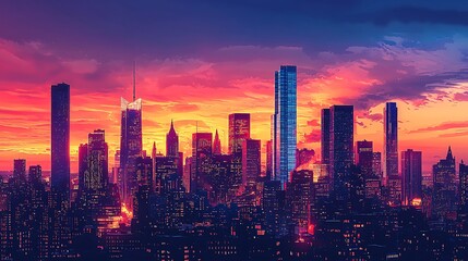 Fototapeta premium Vibrant cityscape skyline glowing at sunset high resolution picture