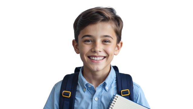 Happy schoolboy with backpack and notebook
