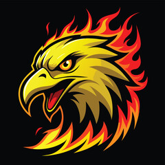 Obraz premium Fierce golden eagle head mascot with flaming feathers and intimidating expression on black background
