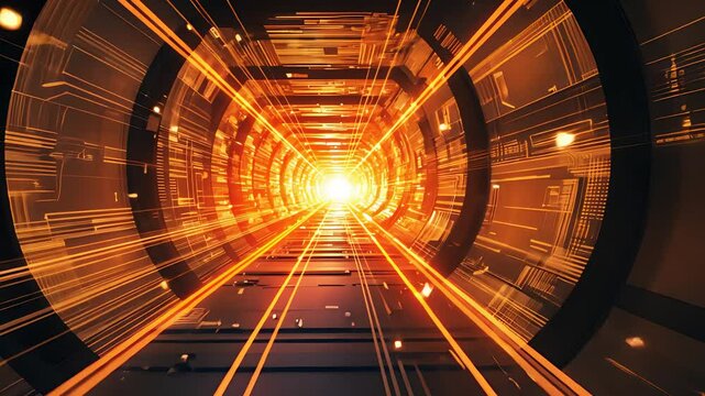 Glowing orange light tunnel with digital speed trails in a high-tech circular corridor, futuristic sci-fi energy burst motion background

 - Powered by Adobe