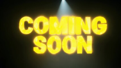 Bright yellow Coming Soon text glowing and pulsating on dark black background. Animated neon-style lettering creates anticipation with smooth lighting effects. - Powered by Adobe
